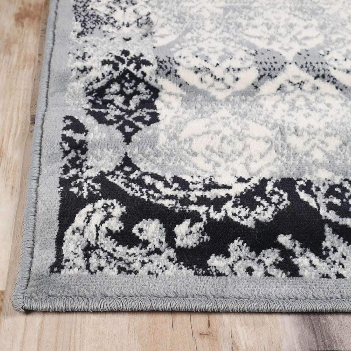 4' X 6' Black And Gray Damask Power Loom Distressed Stain Resistant Area Rug