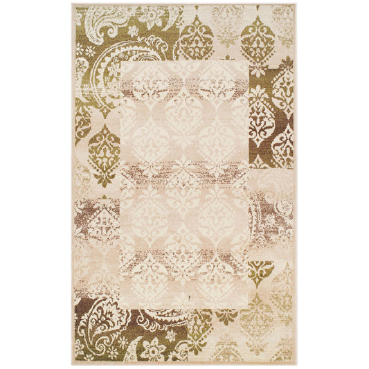 4' X 6' Beige Damask Power Loom Distressed Stain Resistant Area Rug