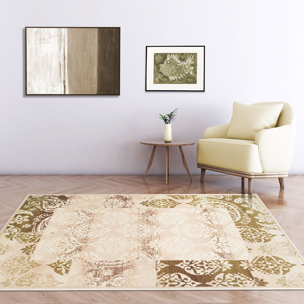 4' X 6' Beige Damask Power Loom Distressed Stain Resistant Area Rug