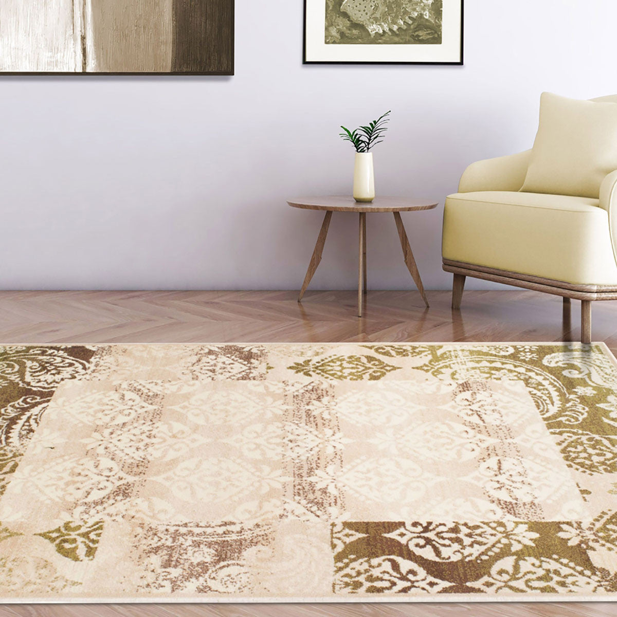 4' X 6' Beige Damask Power Loom Distressed Stain Resistant Area Rug