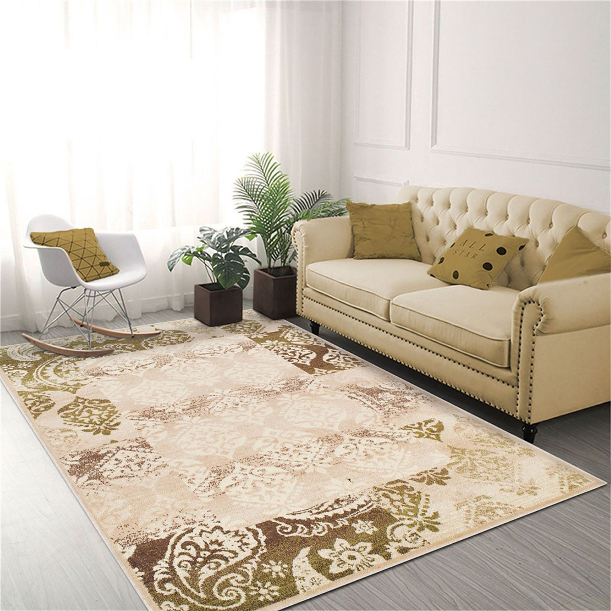 4' X 6' Beige Damask Power Loom Distressed Stain Resistant Area Rug