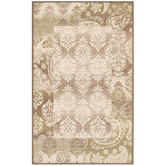 4' X 6' Brown Damask Power Loom Distressed Stain Resistant Area Rug