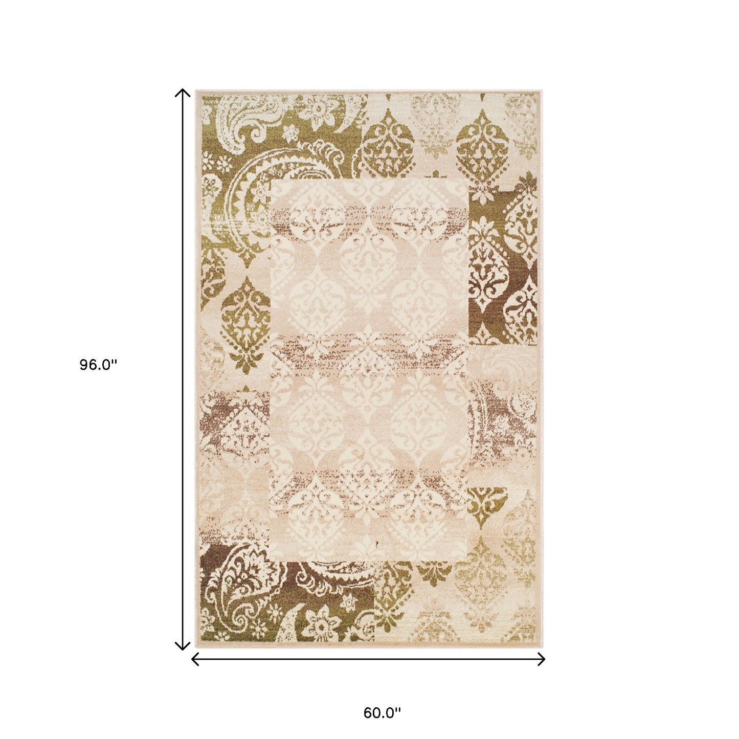 5' X 8' Beige Damask Power Loom Distressed Stain Resistant Area Rug