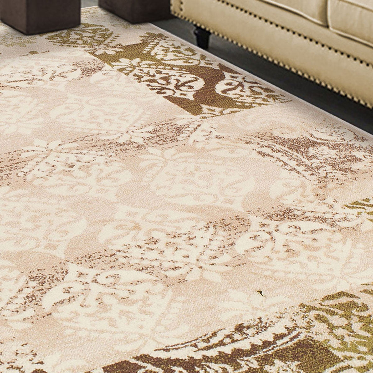 5' X 8' Beige Damask Power Loom Distressed Stain Resistant Area Rug