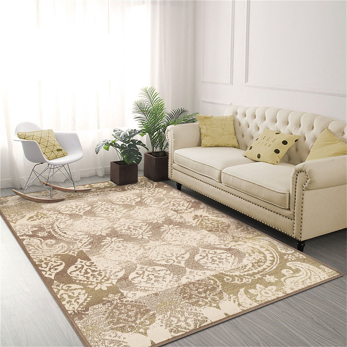 5' X 8' Brown Damask Power Loom Distressed Stain Resistant Area Rug