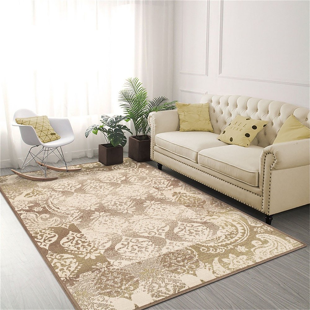 5' X 8' Beige And Brown Damask Distressed Area Rug