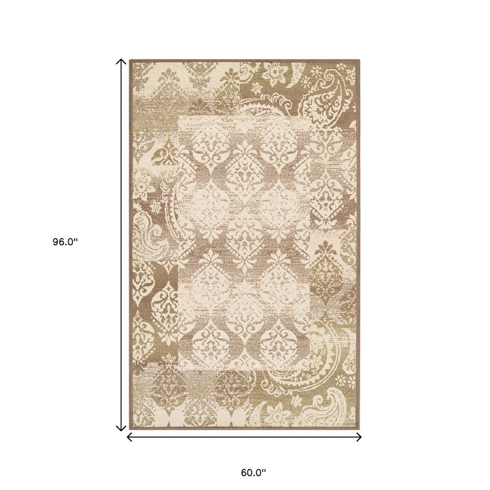 5' X 8' Beige And Brown Damask Distressed Area Rug