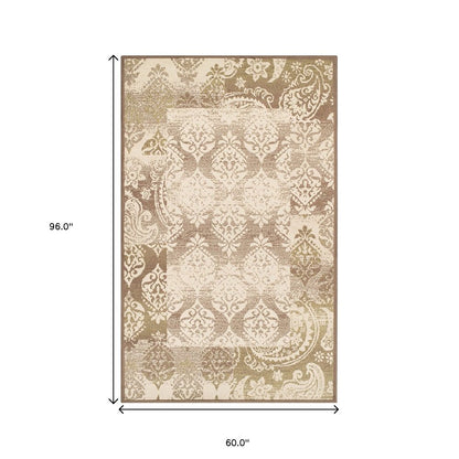 5' X 8' Beige And Brown Damask Distressed Area Rug