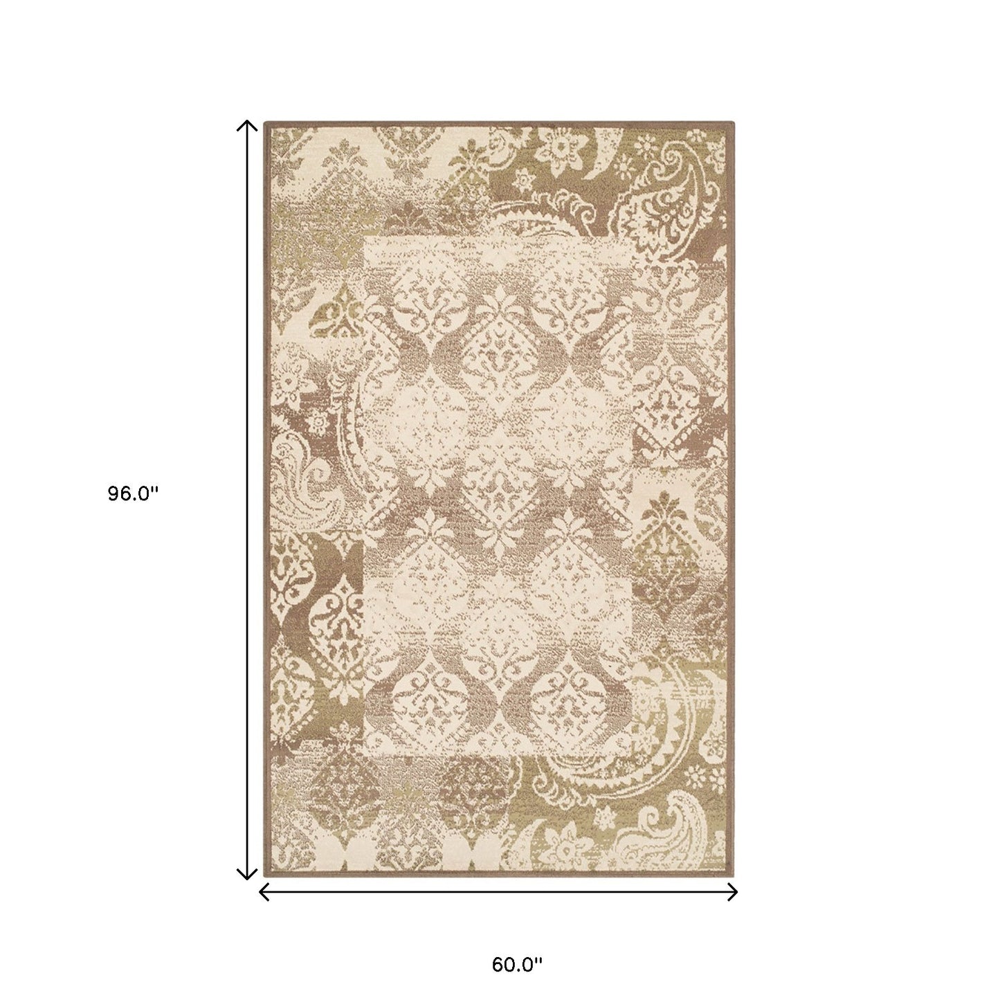 5' X 8' Brown Damask Power Loom Distressed Stain Resistant Area Rug