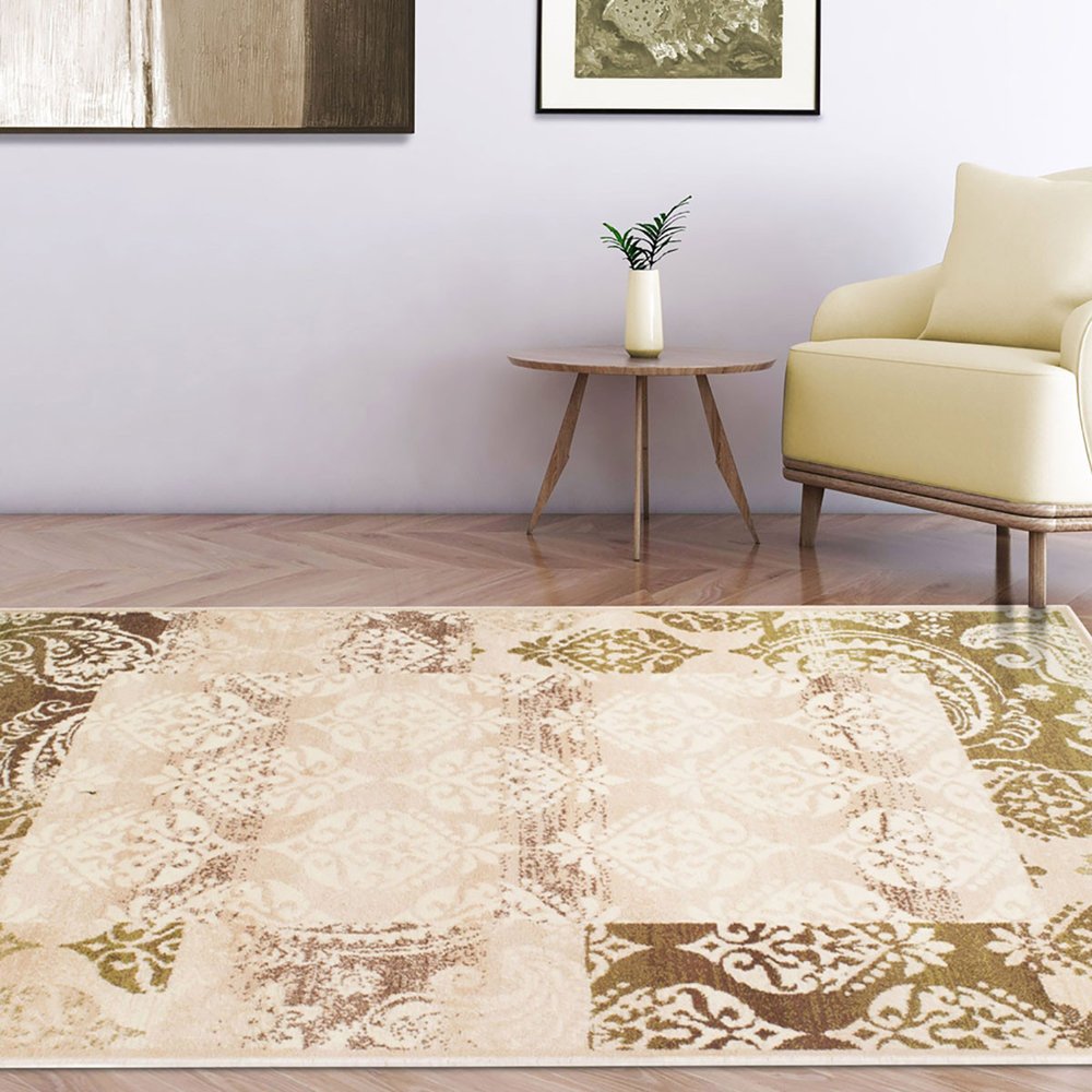 8' X 10' Beige And Brown Damask Distressed Area Rug