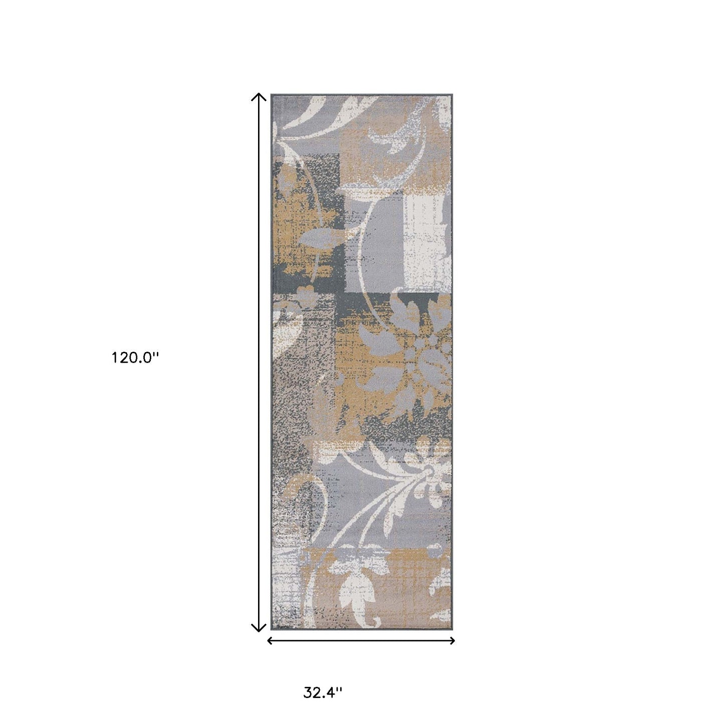 10' Beige And Gray Floral Power Loom Distressed Stain Resistant Runner Rug