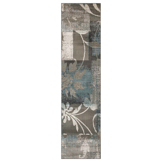 10' Teal Gray And Tan Floral Power Loom Distressed Stain Resistant Runner Rug