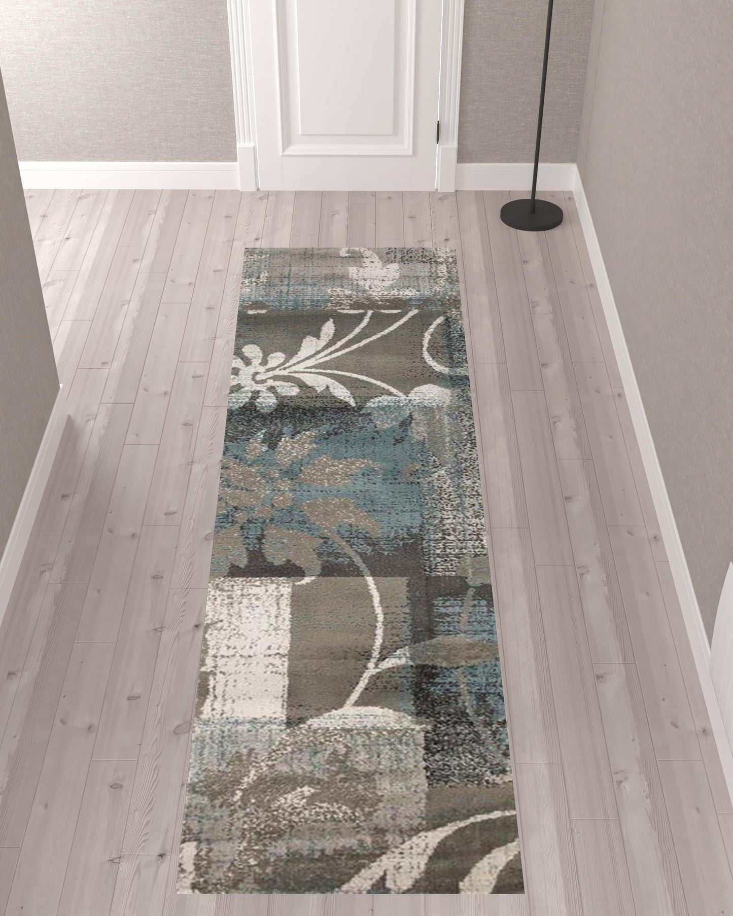 10' Teal Gray And Tan Floral Power Loom Distressed Stain Resistant Runner Rug