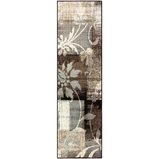 8' Beige And Gray Floral Power Loom Distressed Stain Resistant Runner Rug