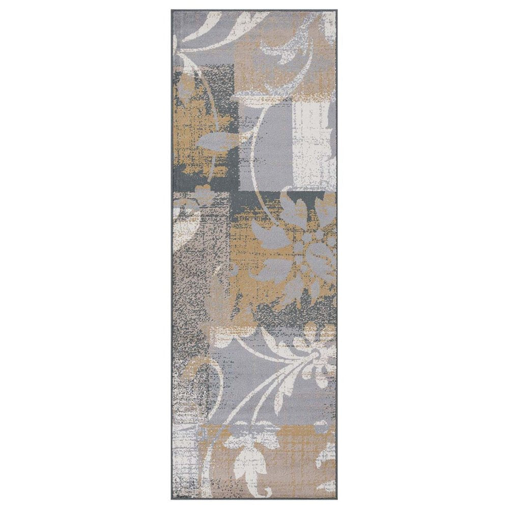 8' Beige And Black Floral Distressed Runner Rug