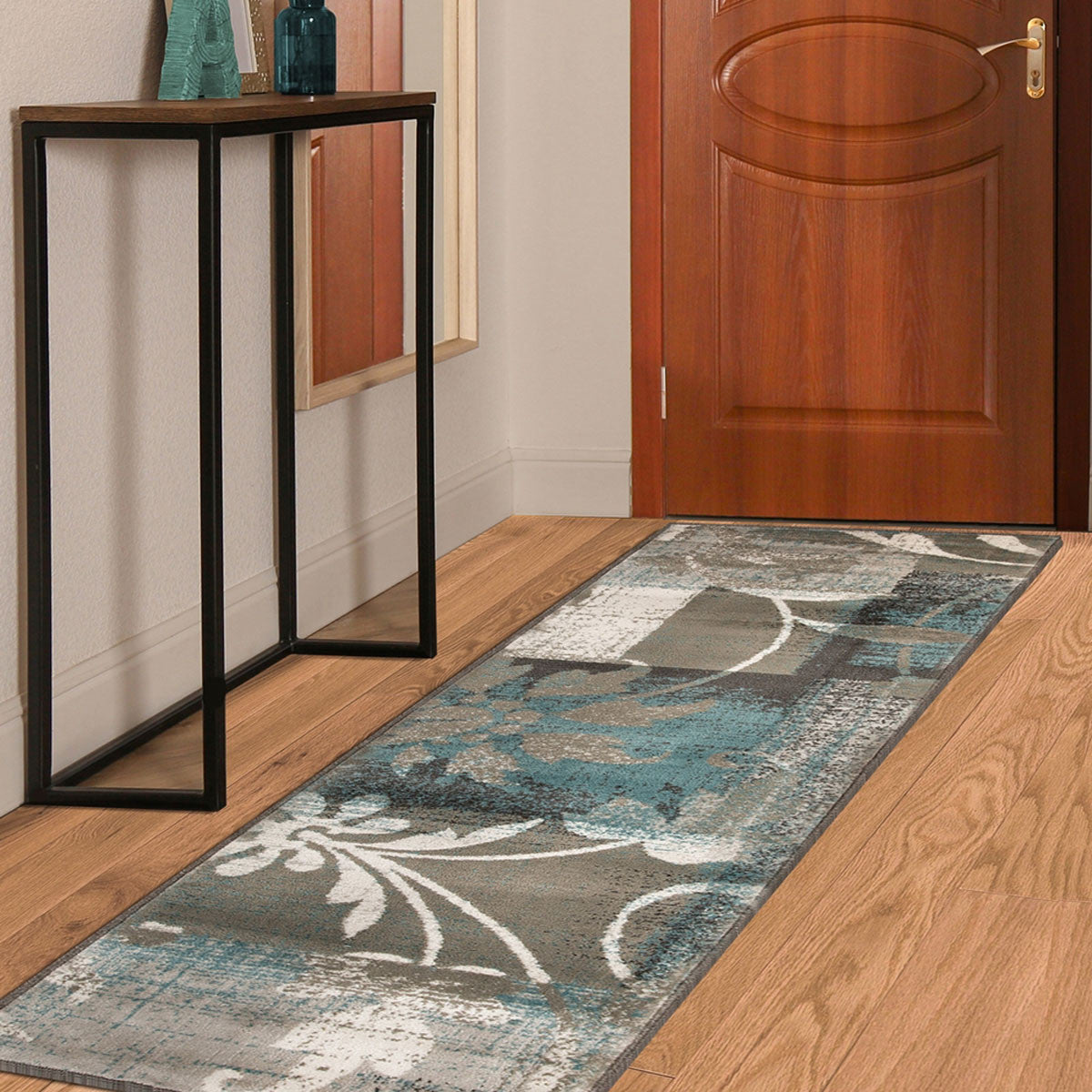 8' Teal Gray And Tan Floral Power Loom Distressed Stain Resistant Runner Rug