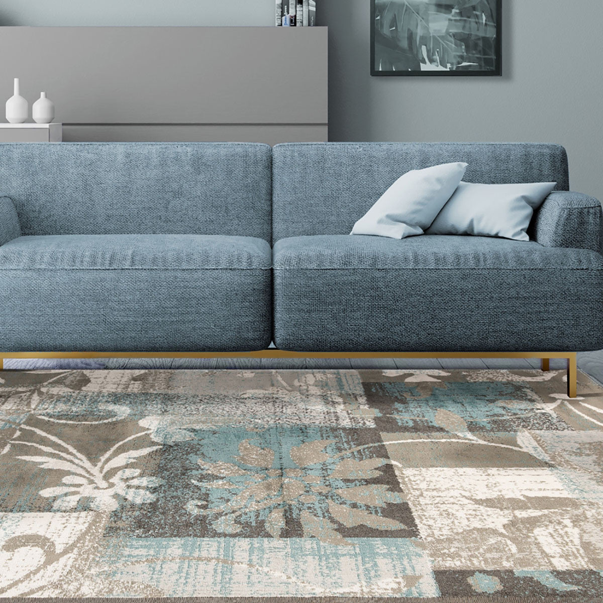 4' X 6' Teal Gray And Tan Floral Power Loom Distressed Stain Resistant Area Rug