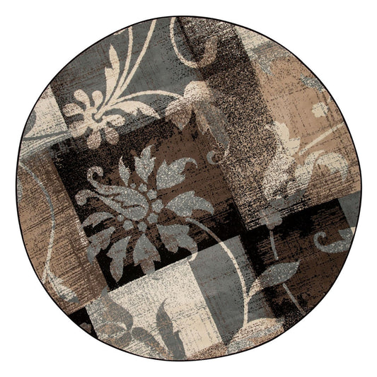 5' Beige And Black Round Floral Power Loom Distressed Area Rug