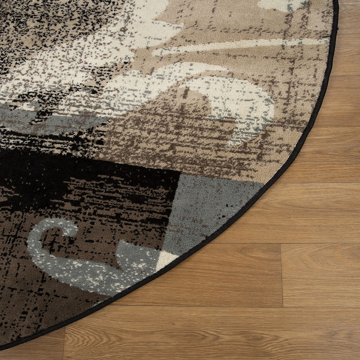 5' Beige And Black Round Floral Power Loom Distressed Area Rug