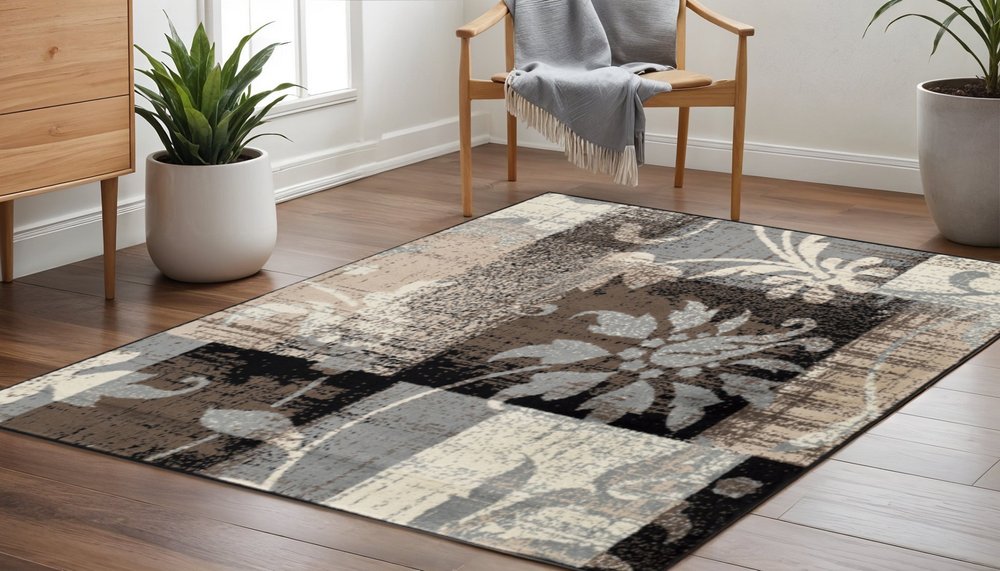 5' Beige Brown And Gray Floral Distressed Square Rug