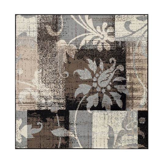5' Beige Brown And Gray Floral Distressed Square Rug