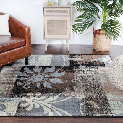 5' Beige Brown And Gray Floral Distressed Square Rug