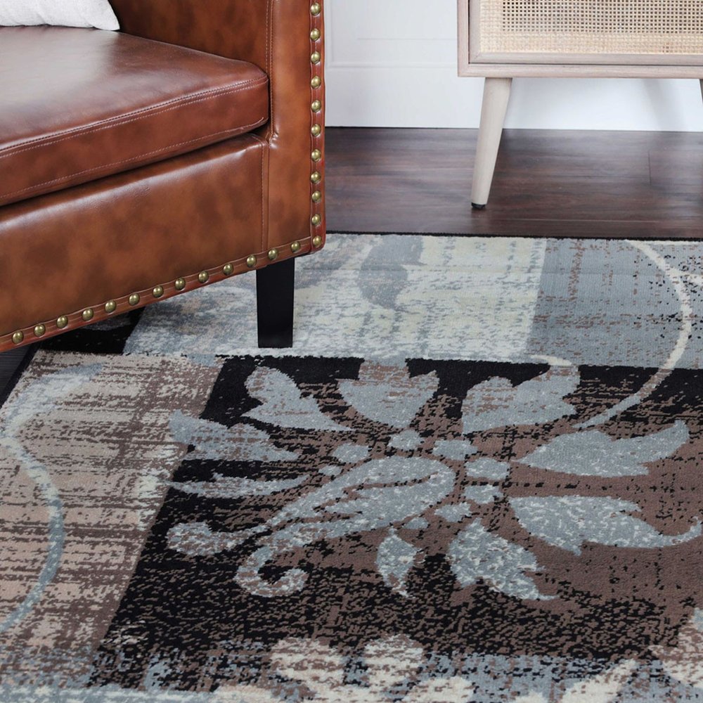 5' Beige Brown And Gray Floral Distressed Square Rug