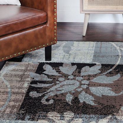 5' Beige Brown And Gray Floral Distressed Square Rug