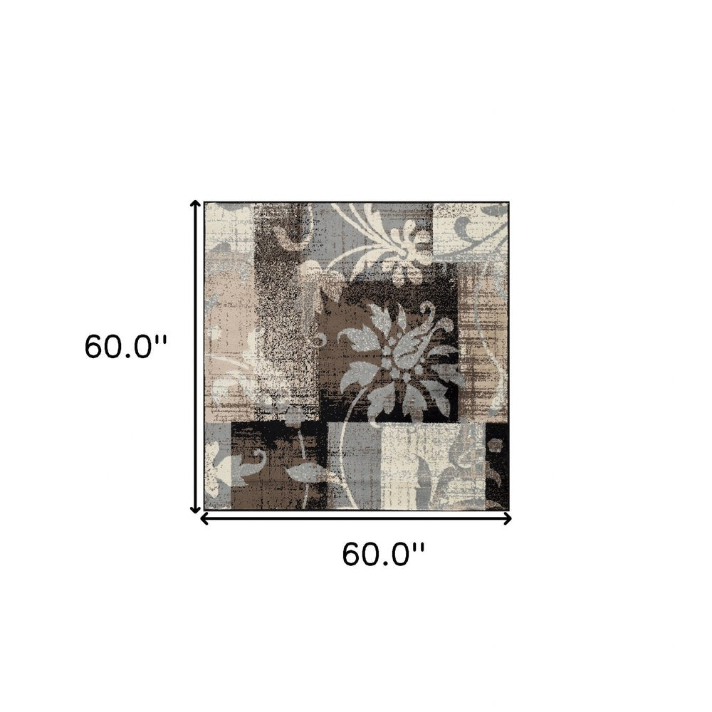 5' Beige Brown And Gray Floral Distressed Square Rug