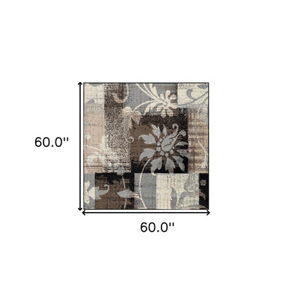 5' Beige Brown And Gray Floral Distressed Square Rug