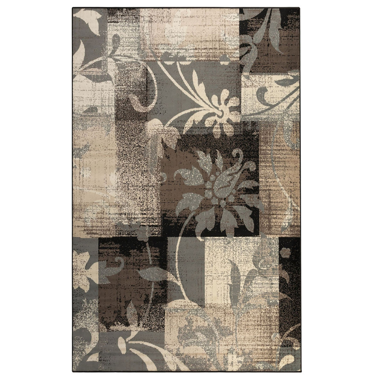 5' X 8' Beige And Gray Floral Power Loom Distressed Stain Resistant Area Rug