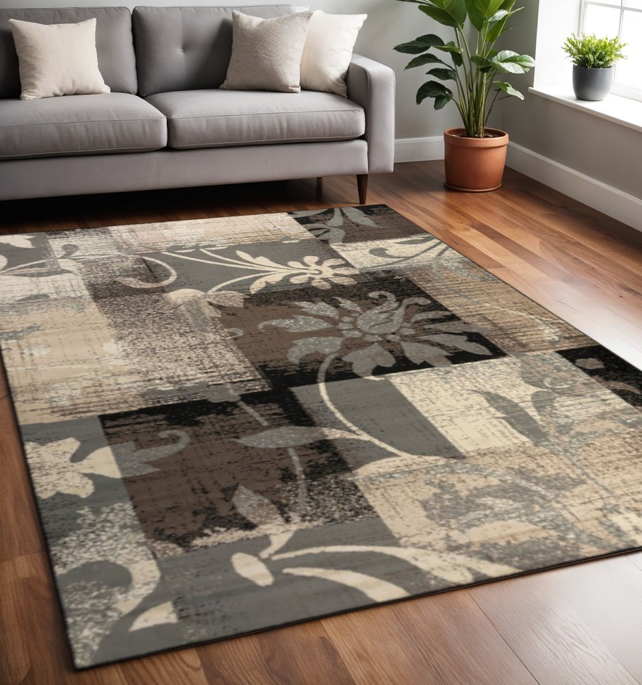 5' X 8' Beige Brown And Gray Floral Distressed Area Rug