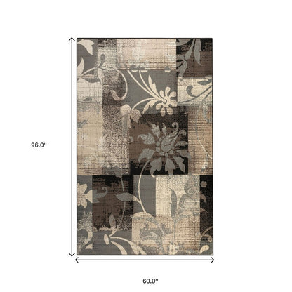 5' X 8' Beige Brown And Gray Floral Distressed Area Rug