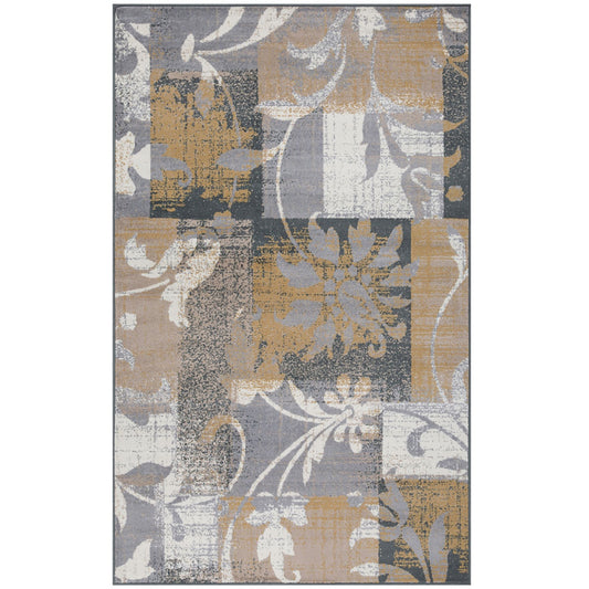 5' X 8' Beige And Gray Floral Power Loom Distressed Stain Resistant Area Rug