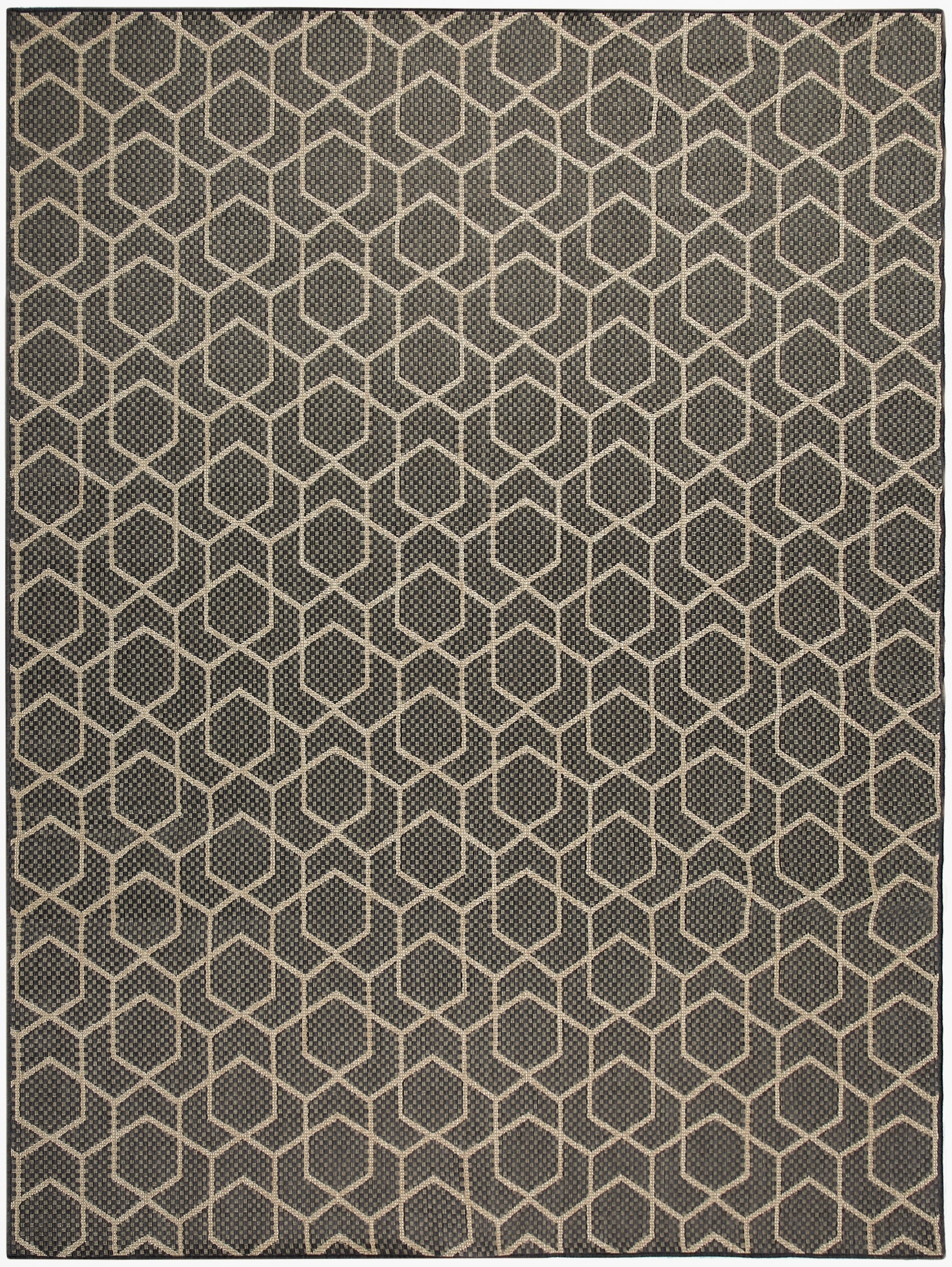Gray rug with beige hexagon lattice pattern; modern geometric woven textile for living room & hallway