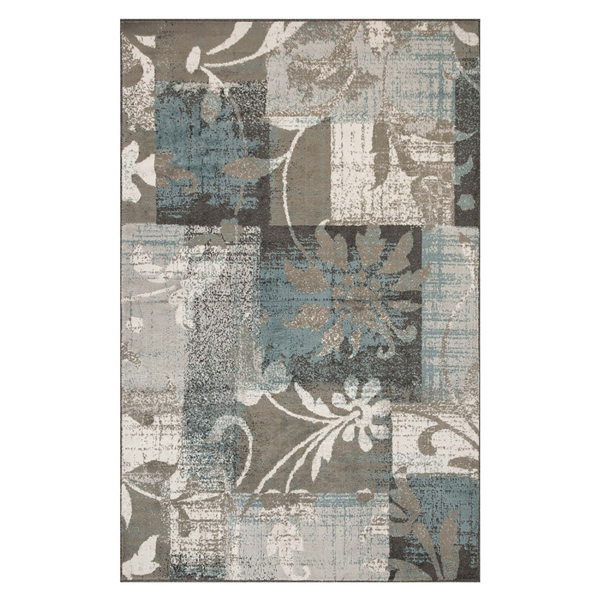 5' X 8' Teal Gray And Tan Floral Power Loom Distressed Stain Resistant Area Rug