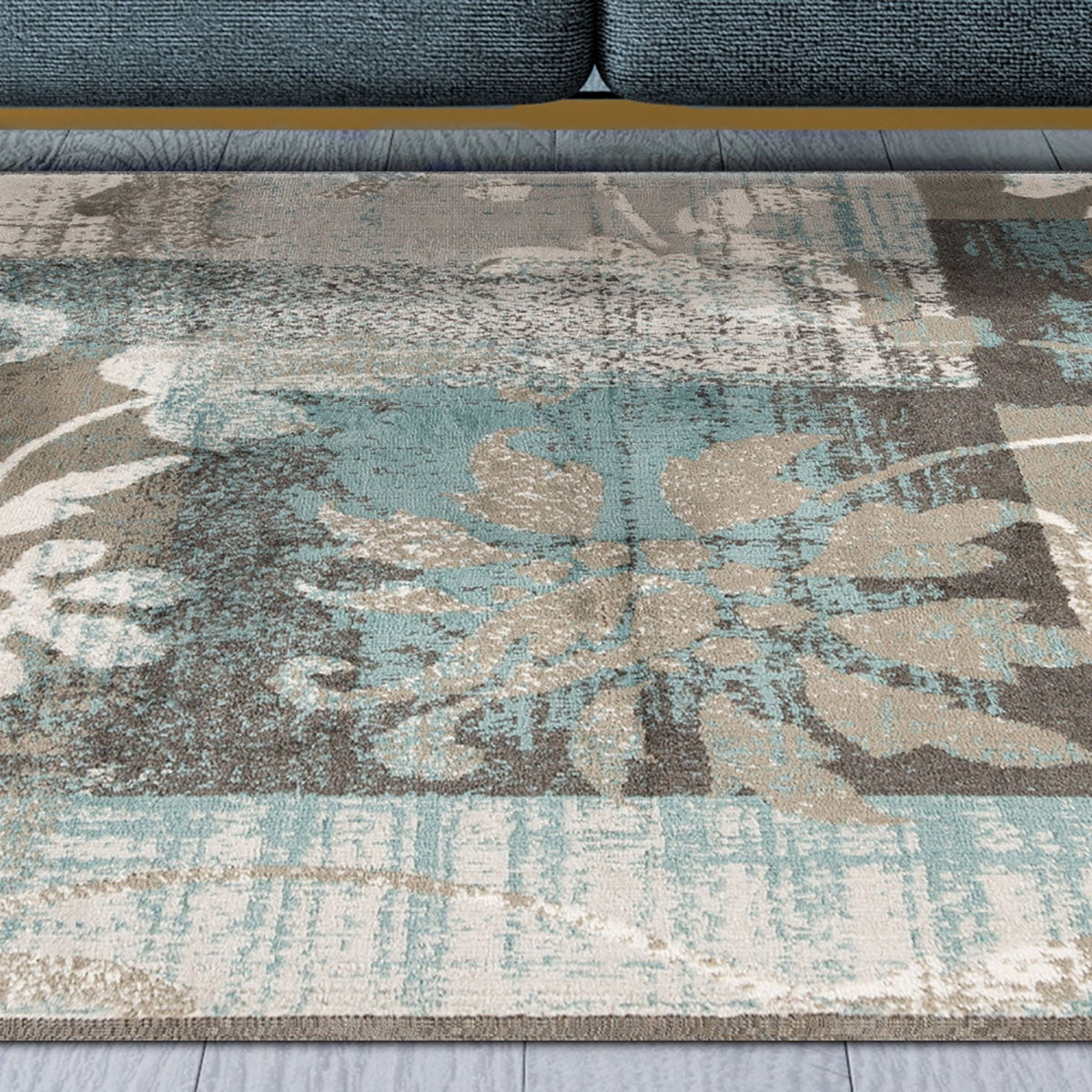 5' X 8' Teal Gray And Tan Floral Power Loom Distressed Stain Resistant Area Rug