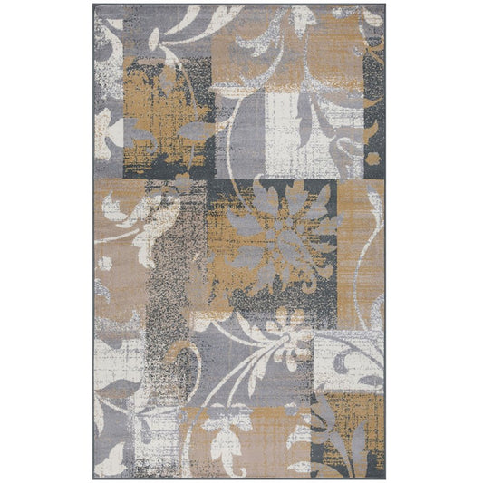 7' X 9' Beige And Black Floral Distressed Area Rug