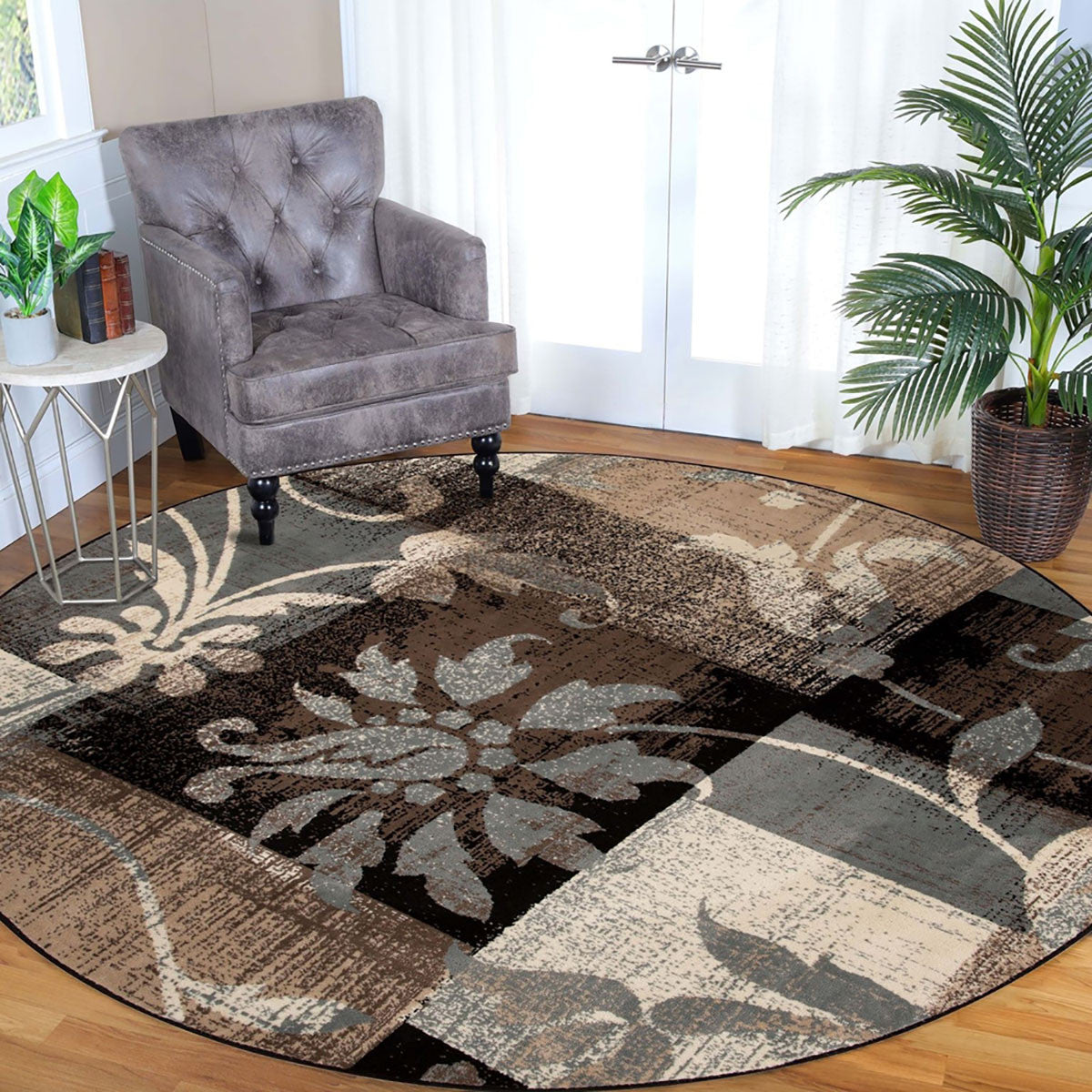 8' Beige Brown and Gray Floral Distressed Round Rug