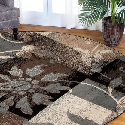 8' Beige Brown And Gray Floral Distressed Round Rug