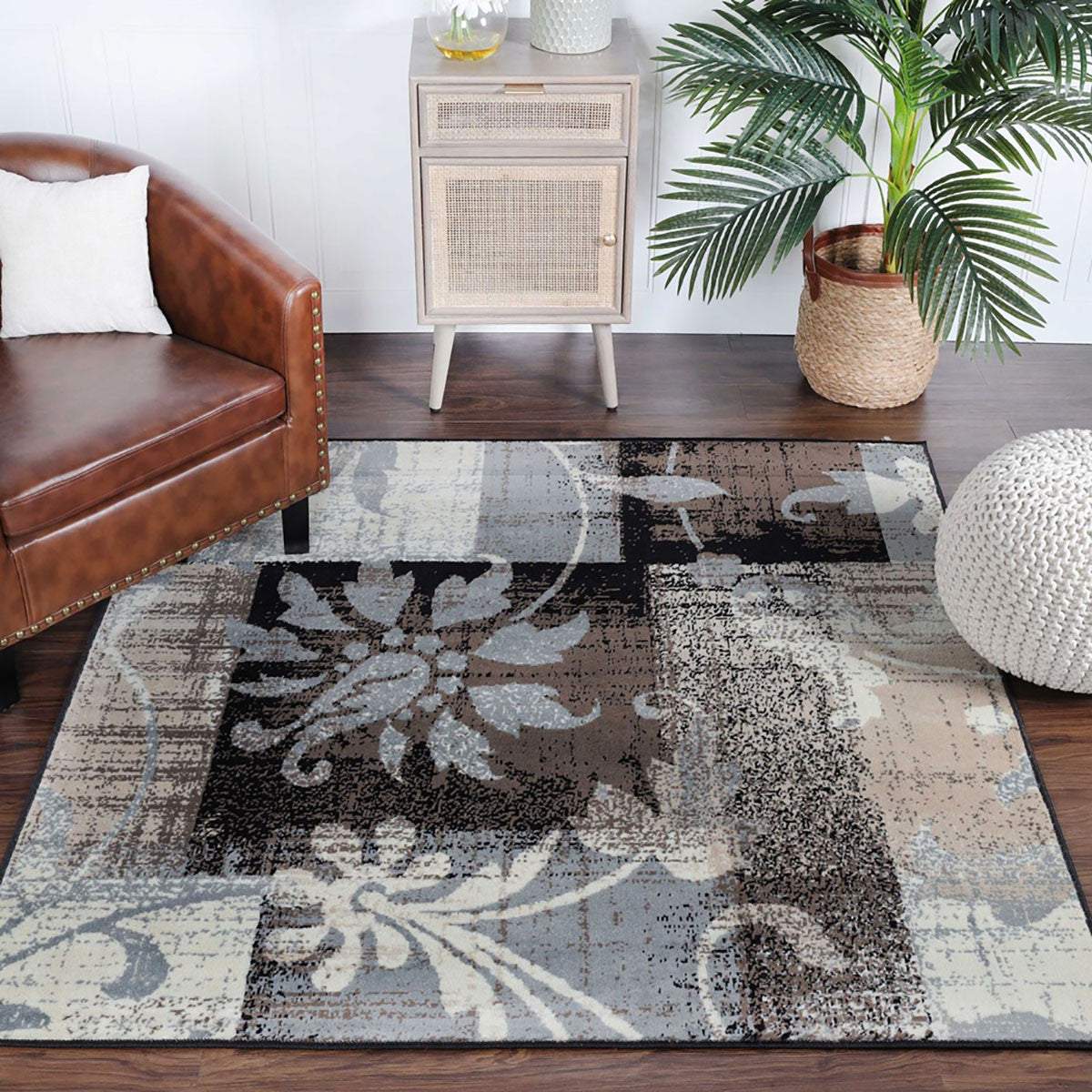 8' Square Beige And Gray Square Floral Power Loom Distressed Stain Resistant Area Rug