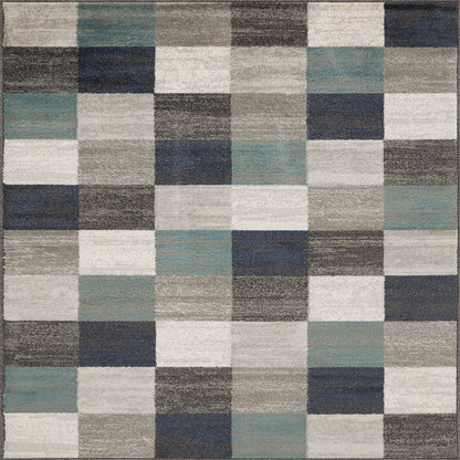 5' X 8' Teal Ivory And Gray Geometric Area Rug