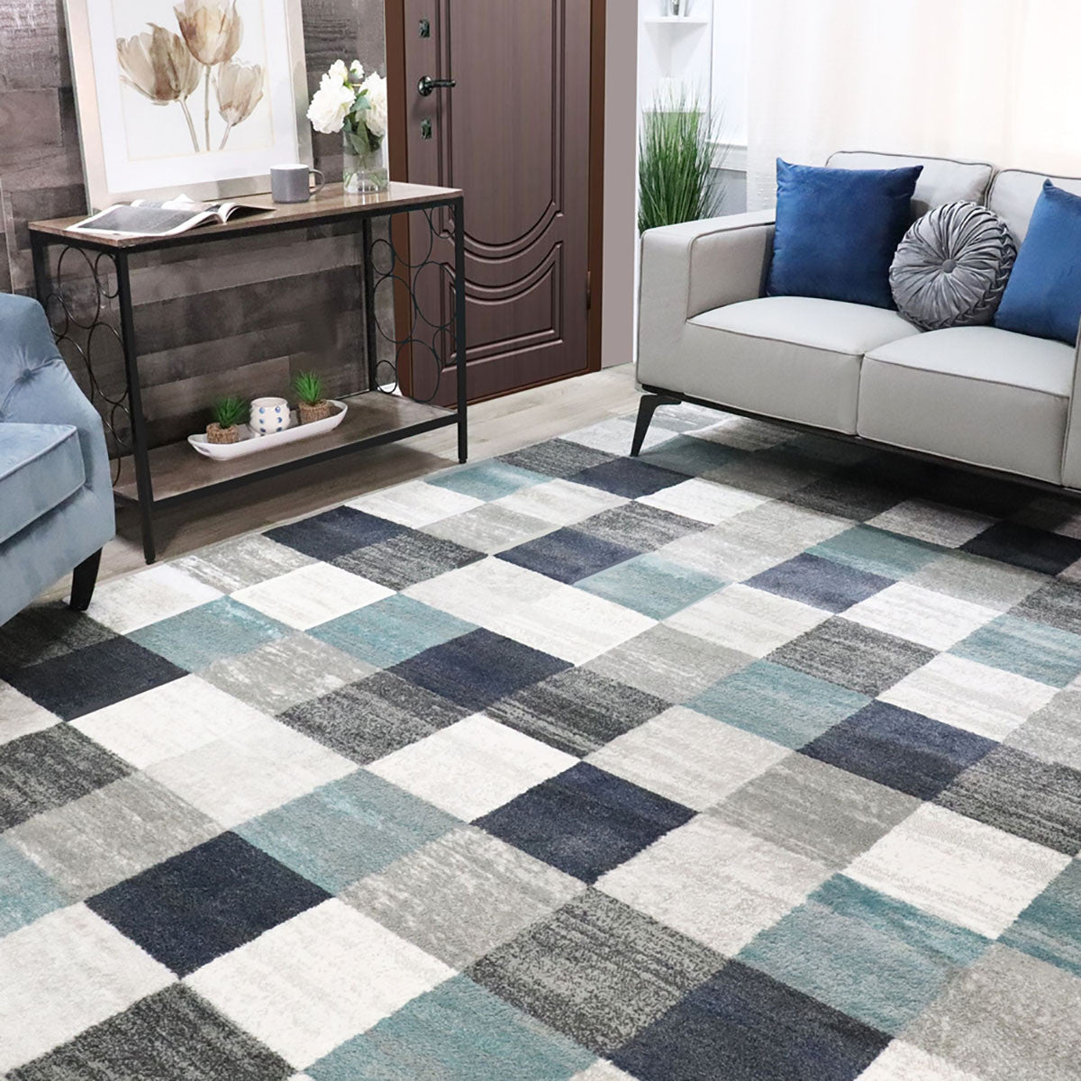 5' X 8' Teal And Gray Geometric Power Loom Stain Resistant Area Rug