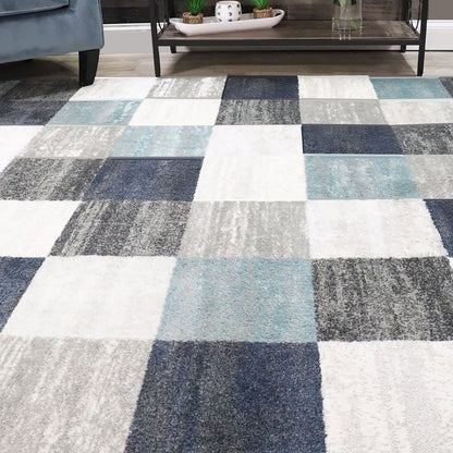 5' X 8' Teal Ivory And Gray Geometric Area Rug