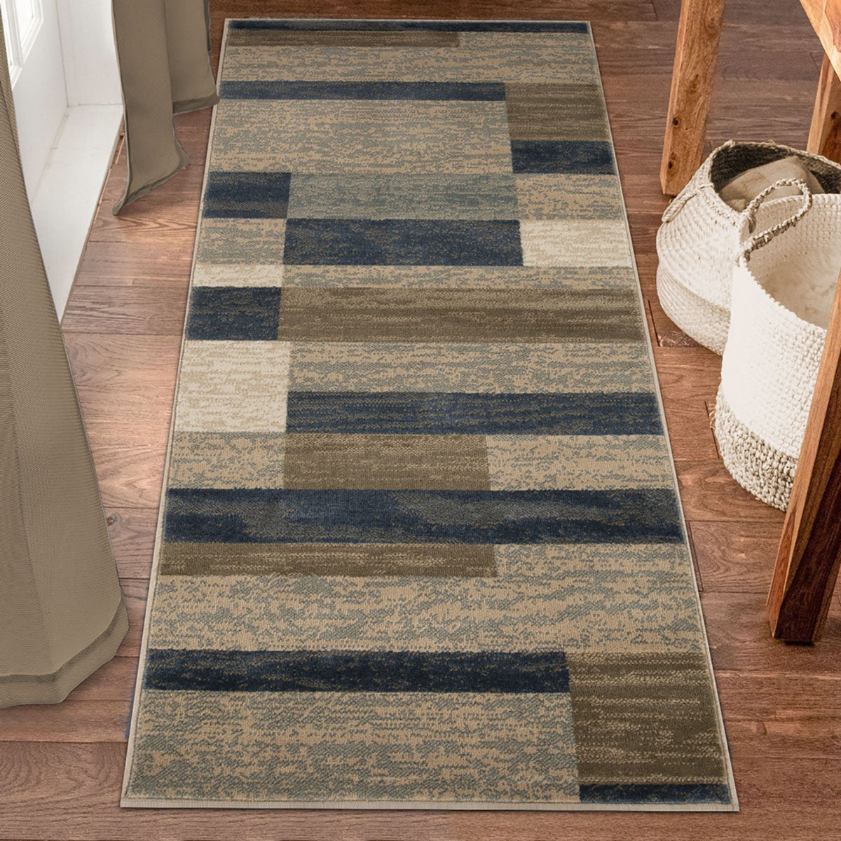 10' Midnight Navy Patchwork Power Loom Stain Resistant Runner Rug