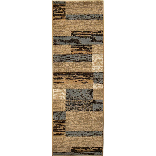 12' Brown Blue and Beige Patchwork Stain Resistant Runner Rug