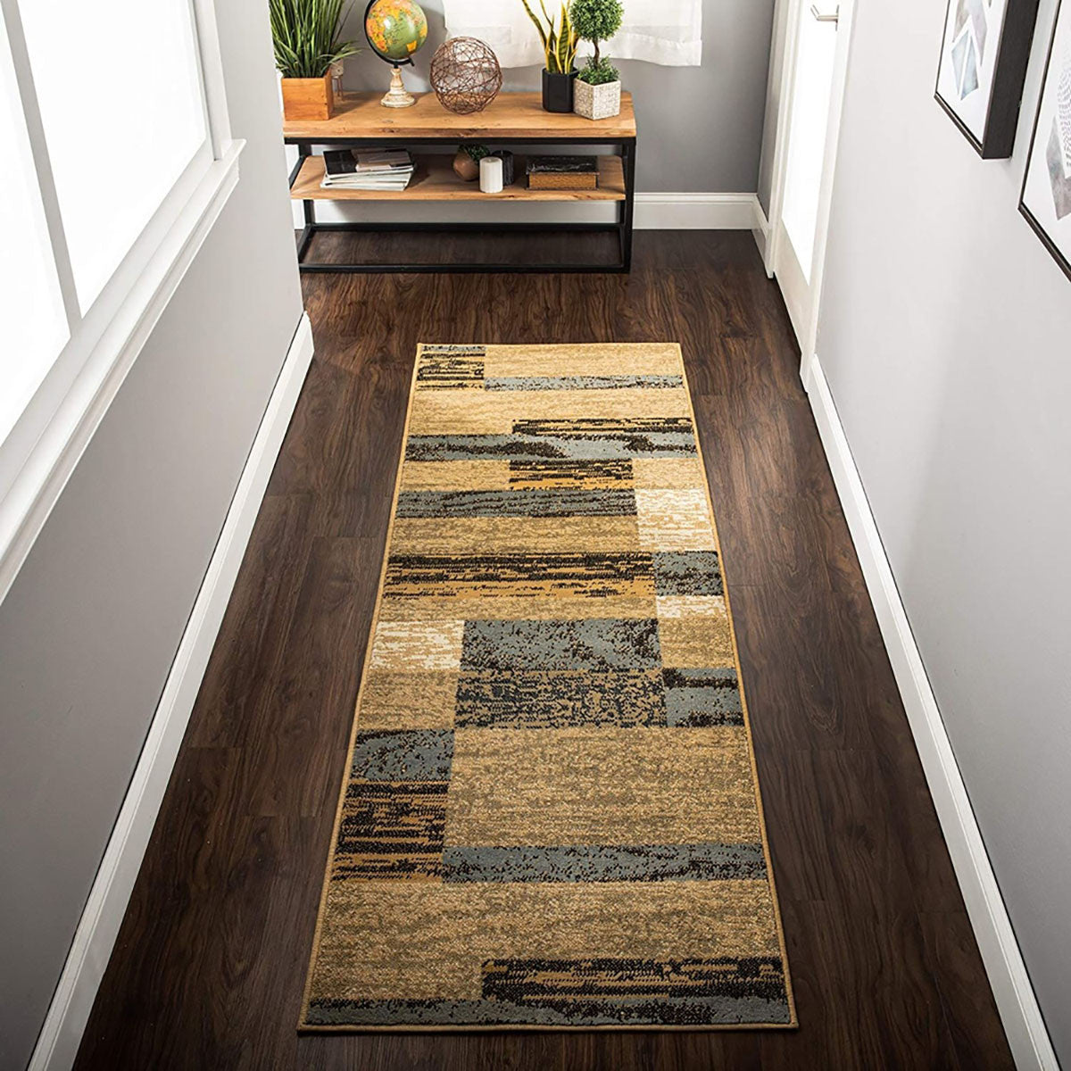 12' Brown Blue and Beige Patchwork Stain Resistant Runner Rug