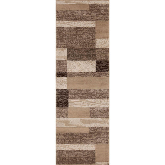 8' Beige Patchwork Power Loom Stain Resistant Runner Rug