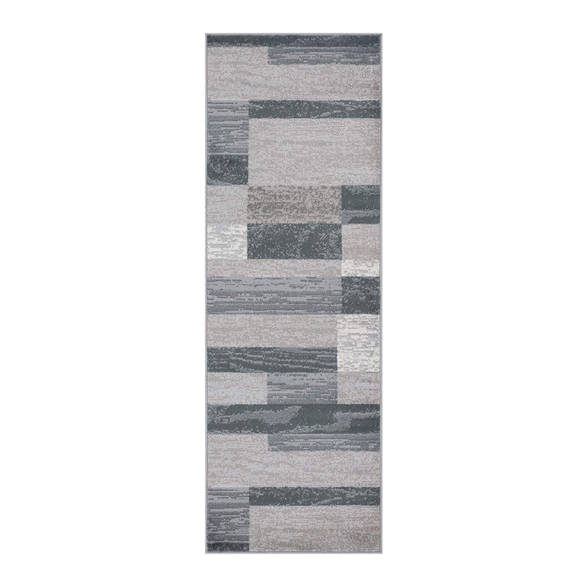 8' Blue And Taupe Patchwork Power Loom Stain Resistant Runner Rug