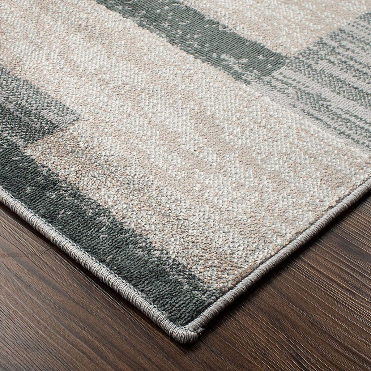 8' Blue And Taupe Patchwork Power Loom Stain Resistant Runner Rug